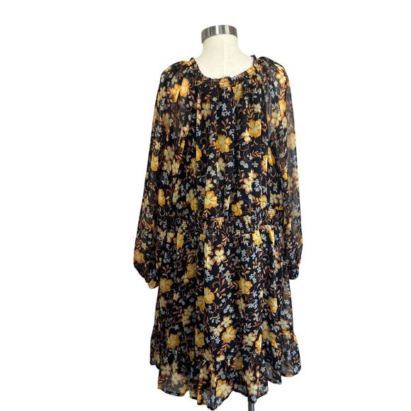 GAP Plus Floral Smocked Waist Long Sleeve Mini Dress Black Yellow Size 3X - Picture 3 of 10
